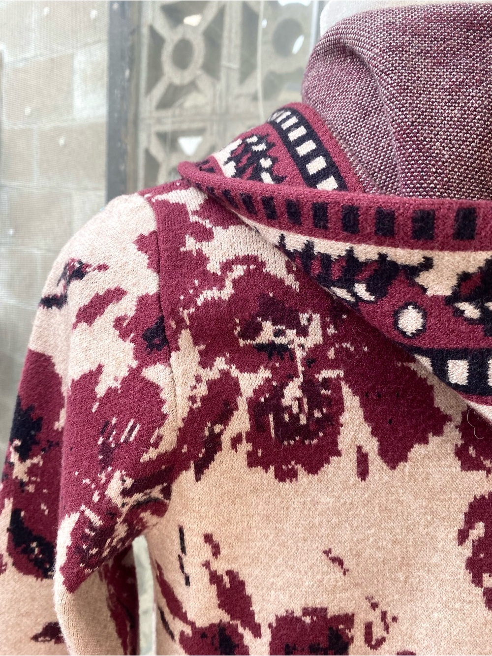 Rachel Zoe Burgundy Floral Jacquard Hooded Cardigan Sweater, Size S - Picture 7 of 9